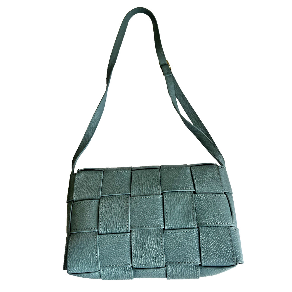 STELLA BIANCA Made In Italy Woven Pebbled Leather adjust Crossbody Handbag Blue